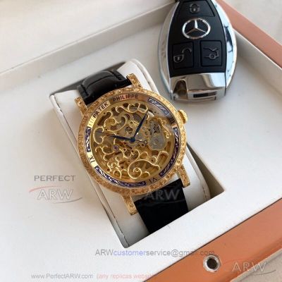 AAA Replica Patek Philippe Complications Yellow Gold Tattoo Case Skeleton 42 MM Men's Watch